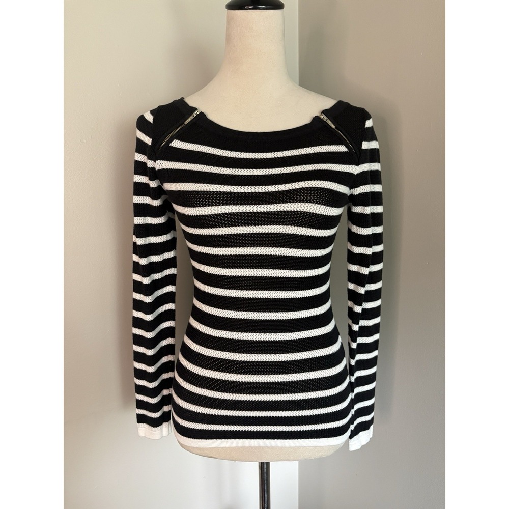 VTG Morgan De Toi Open Knit Sweater 90s Black & White Striped Gold Zippers Sz XS